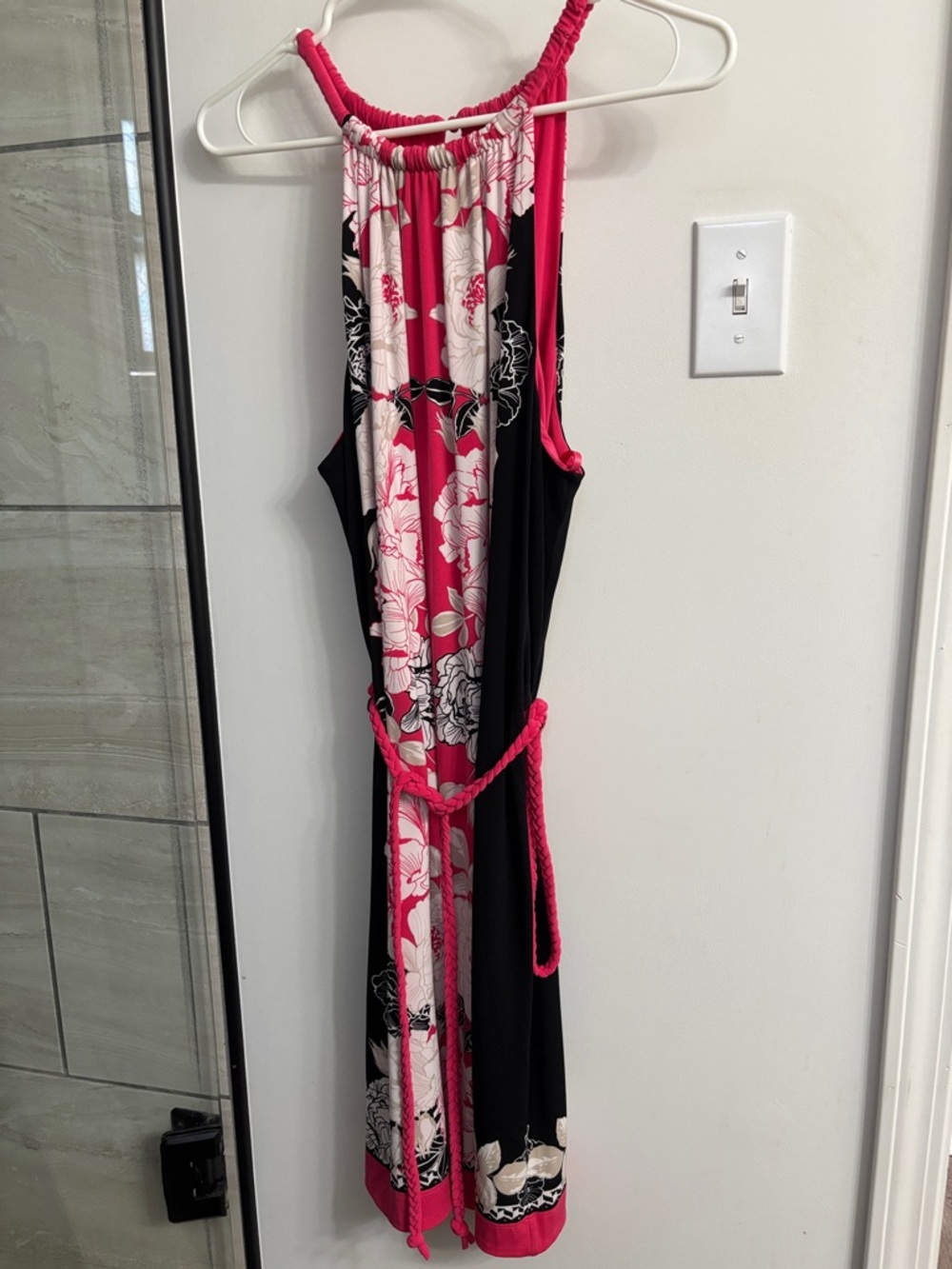 White House Black Market Black, Hot Pink and Cream Floral Halter Dress